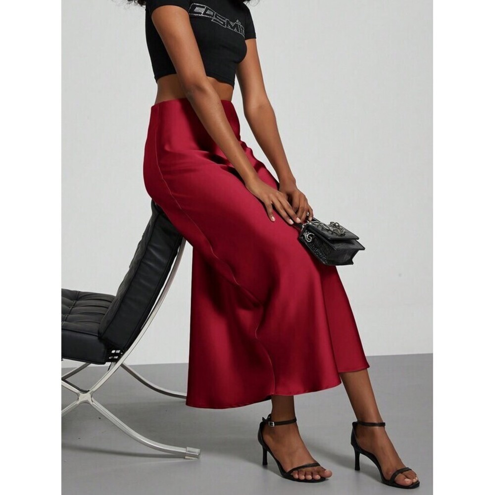 Se-Helo Fashion Elastic Satin Feeling Satin Maxi Skirt - Wine Red